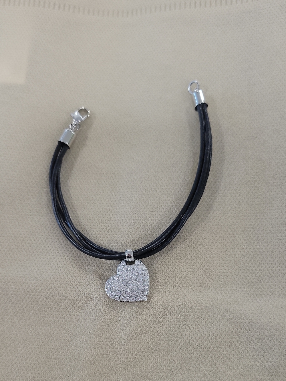 Source Unknown Black Cord Bracelet with Silver Pavé Heart